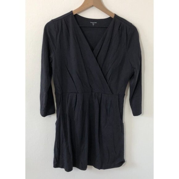 Garnet Hill Pima Cotton Dress Women Medium Black Faux Wrap 3/4 Sleeve Pockets - Picture 1 of 9
